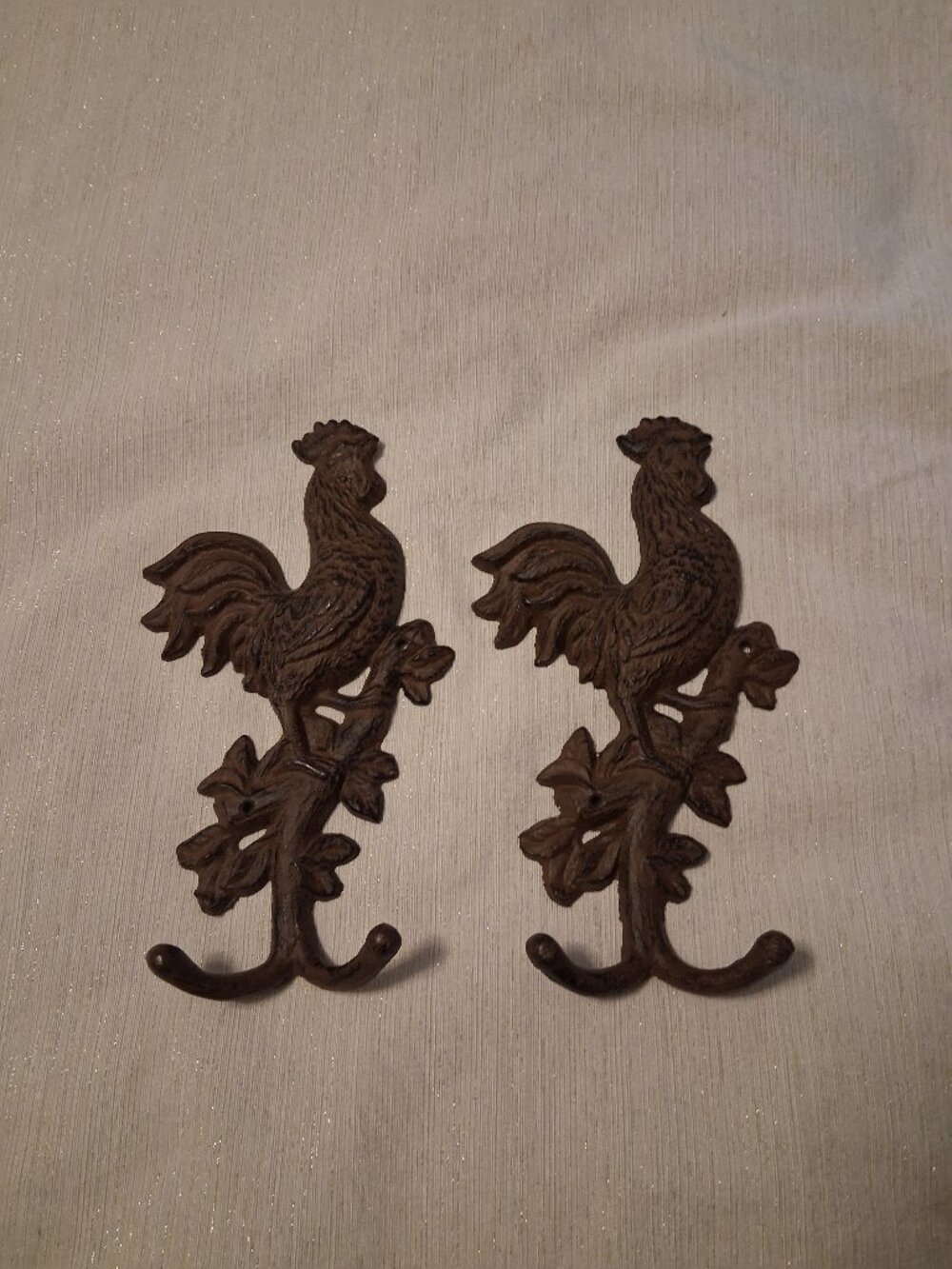 Vintage Cast Iron Rooster Chicken Wall Hanger Set Rustic Country Farmhouse Barn